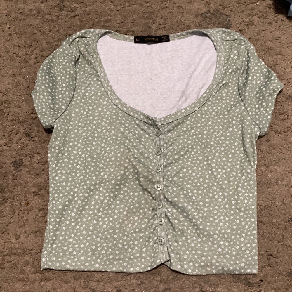 green floral croptop button up